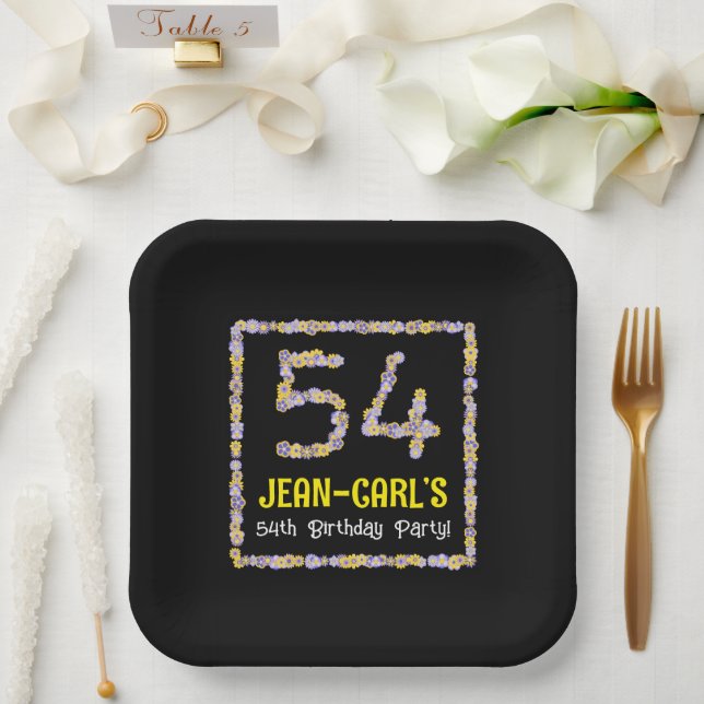 54th Birthday: Floral Flowers Number, Custom Name Paper Plates (Wedding)
