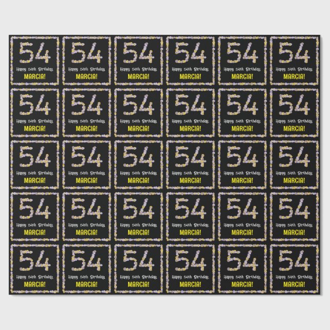 54th Birthday: Floral Flowers Number, Custom Name Wrapping Paper (Flat)