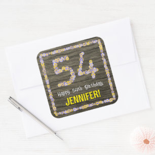 54th Birthday: Floral Number, Faux Wood Look, Name Square Sticker