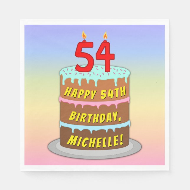 54th Birthday: Fun Cake and Candles + Custom Name Napkins (Front)