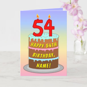 54th Birthday — Fun Cake & Candles, w/ Custom Name Card