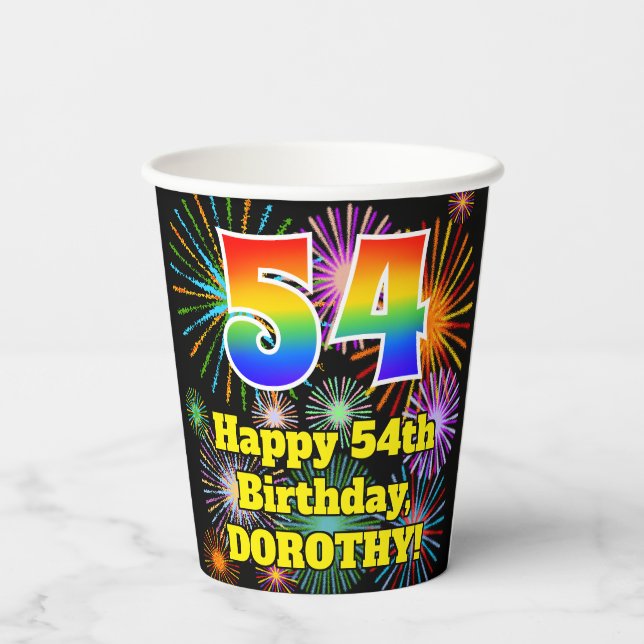 54th Birthday: Fun Fireworks Pattern + Rainbow 54 Paper Cups (Back)