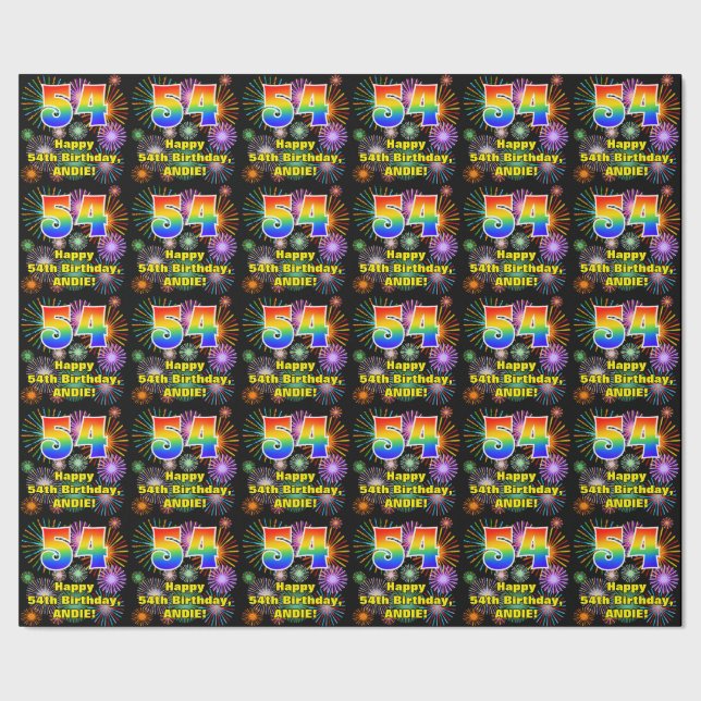 54th Birthday: Fun Fireworks, Rainbow Look # “54” Wrapping Paper (Seam)