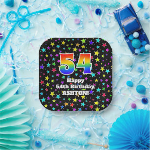 54th Birthday: Fun Stars Pattern and Rainbow “54” Paper Plates