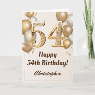 54th Birthday Gold Balloons and Confetti Birthday Card