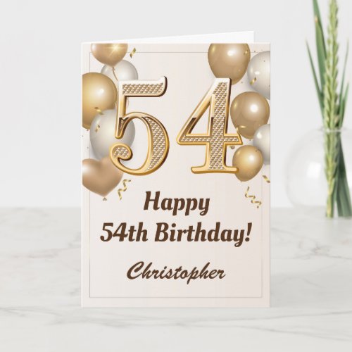 54th Birthday Gold Balloons and Confetti Birthday Card