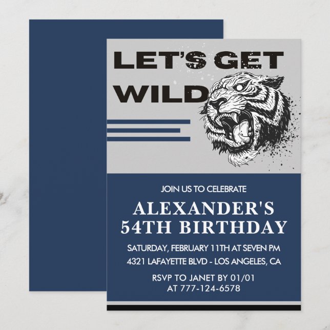 54th birthday invitations Men Tiger Let's Get Wild (Front/Back)