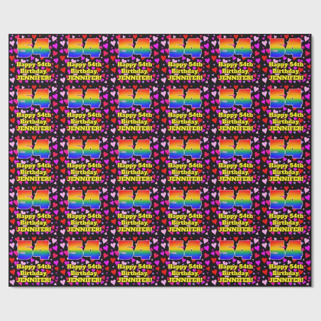 54th Birthday: Loving Hearts Pattern, Rainbow # 54 Wrapping Paper (Flat)
