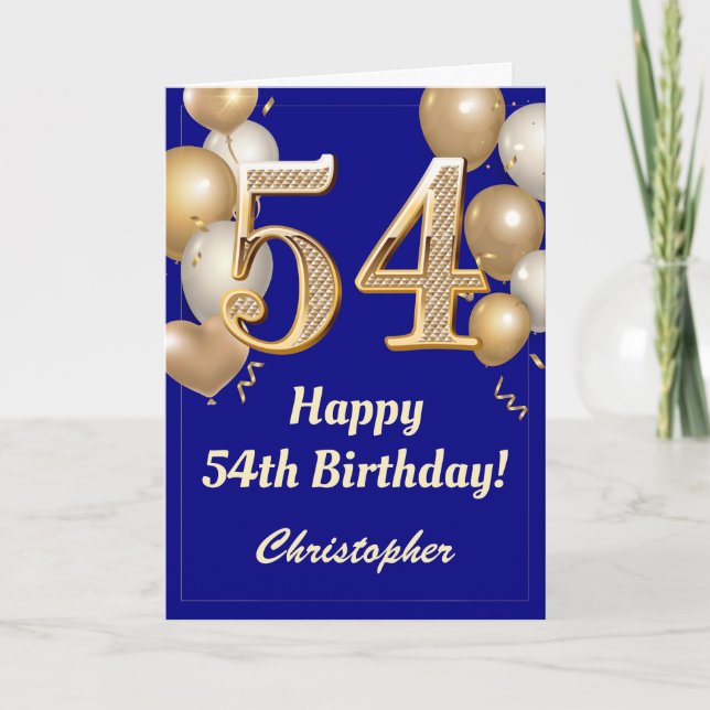 54th Birthday Navy Blue and Gold Balloons Confetti Card (Front)
