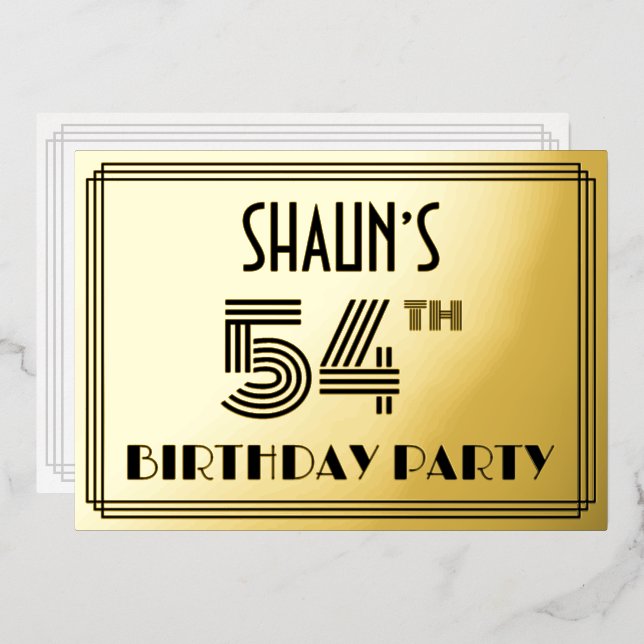 54th Birthday Party — Art Deco Style “54” & Name Foil Invitation (Front/Back)