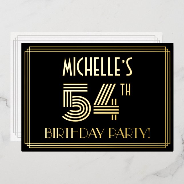 54th Birthday Party — Art Deco Style “54” + Name Foil Invitation (Front/Back)
