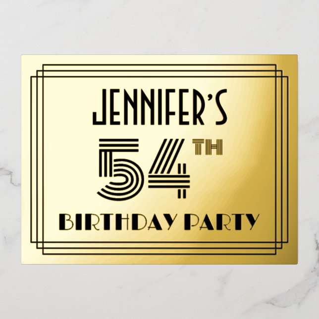 54th Birthday Party ~ Art Deco Style “54” + Name Foil Invitation Postcard (Front)