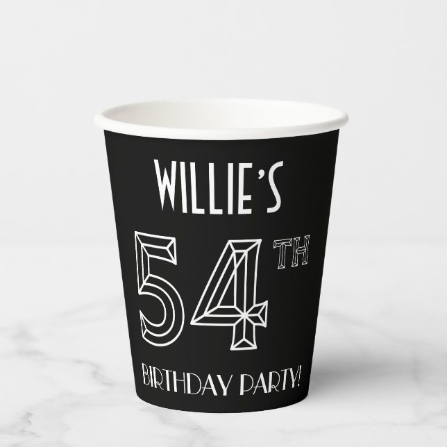 54th Birthday Party: Art Deco Style + Custom Name Paper Cups (Front)