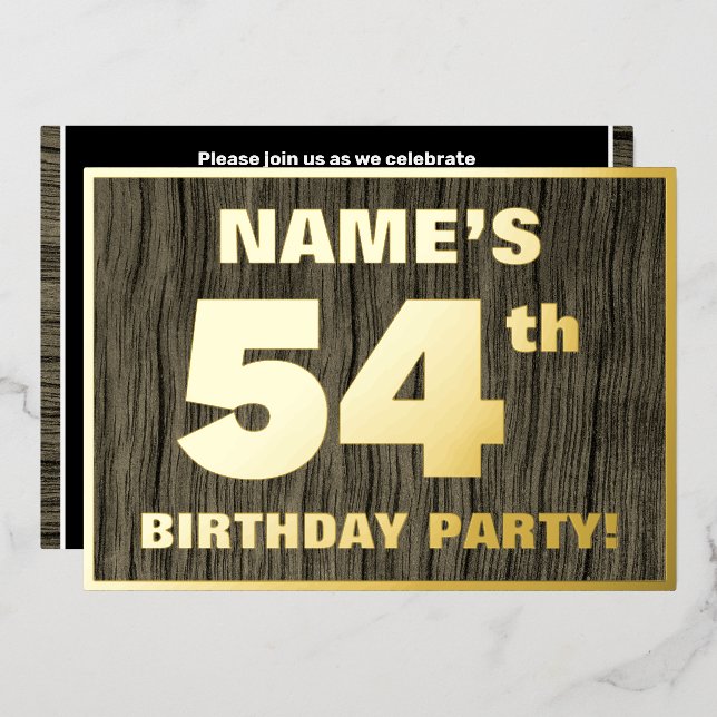 54th Birthday Party: Bold, Faux Wood Grain Pattern Foil Invitation (Front/Back)