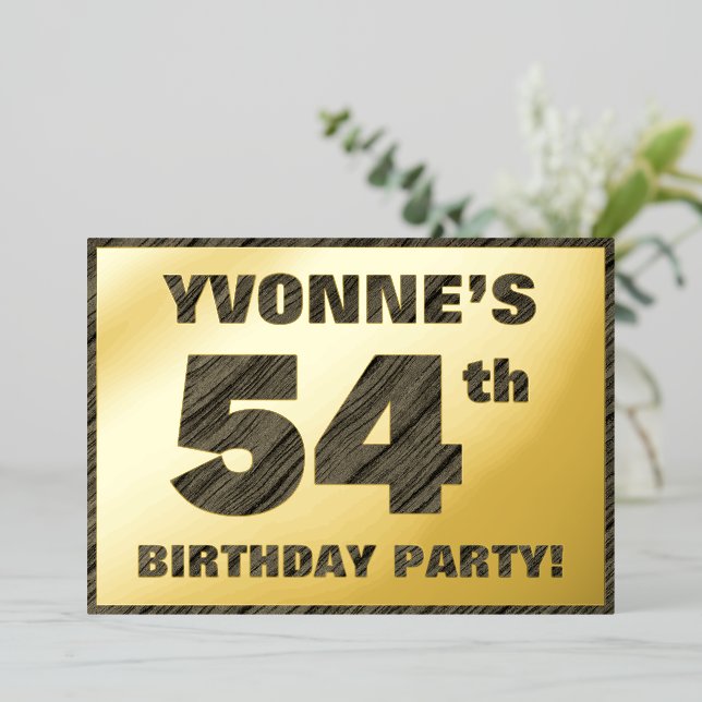 54th Birthday Party — Bold, Faux Wood Grain Text Foil Invitation (Standing Front)