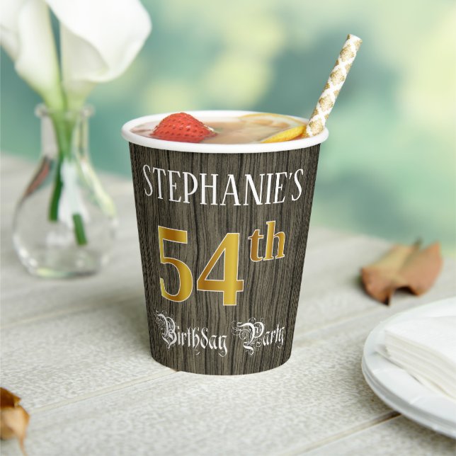 54th Birthday Party — Faux Gold & Faux Wood Looks Paper Cups (Insitu)