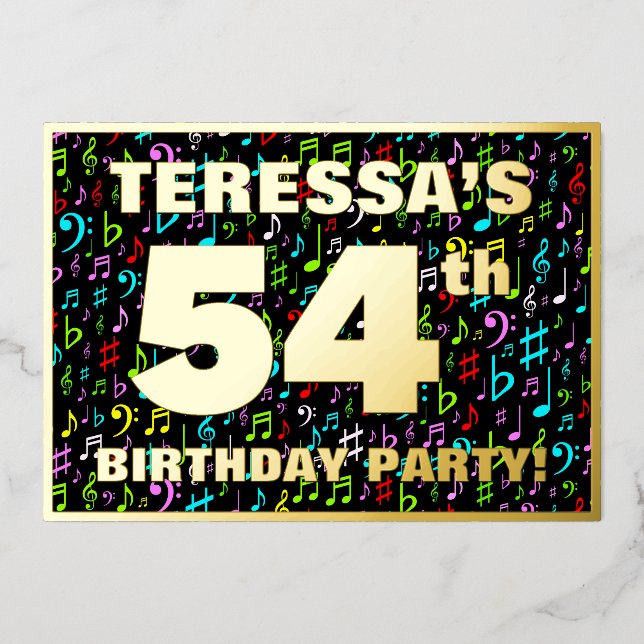 54th Birthday Party — Fun, Colorful Music Symbols Foil Invitation (Front)