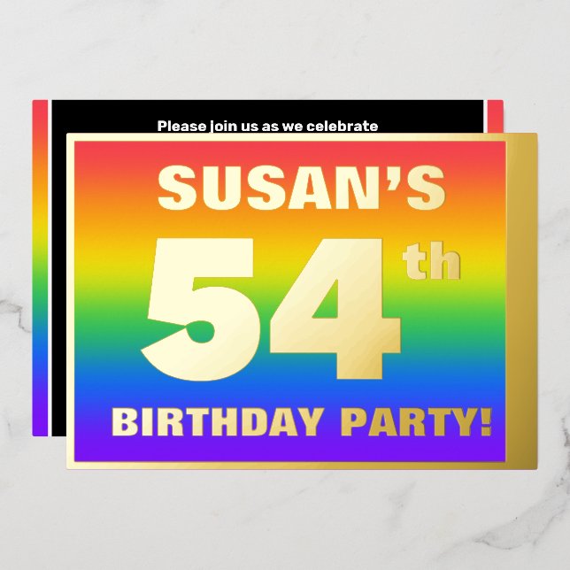 54th Birthday Party: Fun, Colorful Rainbow Pattern Foil Invitation (Front/Back)