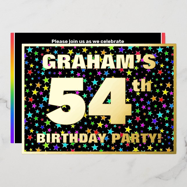 54th Birthday Party — Fun, Colorful Stars Pattern Foil Invitation (Front/Back)