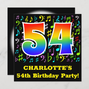 54th Birthday Party: Fun Music Symbols, Rainbow 54 Invitation