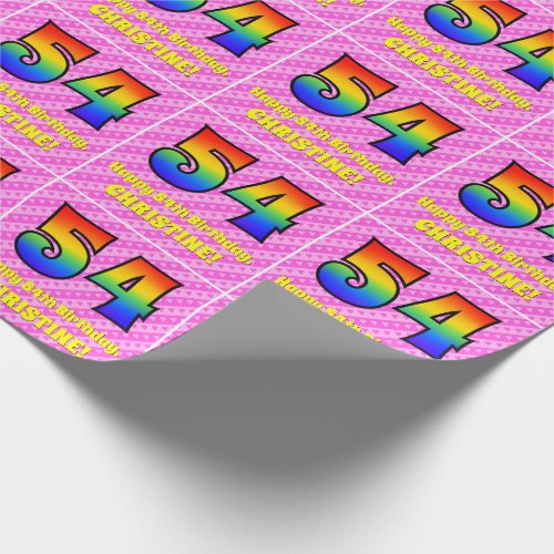 54th Birthday Pink Stripes  Hearts Rainbow  54 Wrapping Paper