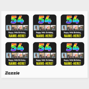 54th Birthday: Rainbow “54”; Custom Photos & Name Square Sticker