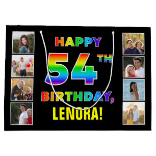 54th Birthday: Rainbow Text, Custom Photos & Name Large Gift Bag