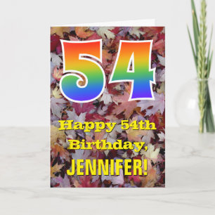 54th Birthday; Rustic Autumn Leaves; Rainbow "54" Card