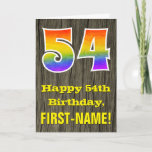 [ Thumbnail: 54th Birthday: Rustic Faux Wood Look, Rainbow "54" Card ]