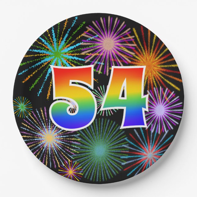 54th Event - Fun, Colorful, Bold, Rainbow 54 Paper Plates (Front)