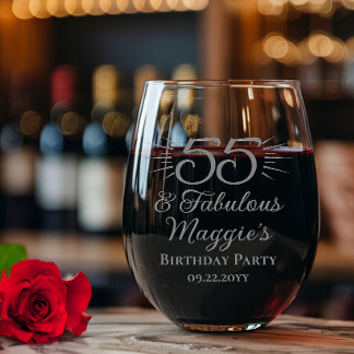 55 and Fabulous 55th Birthday Party Keepsake Stemless Wine Glass