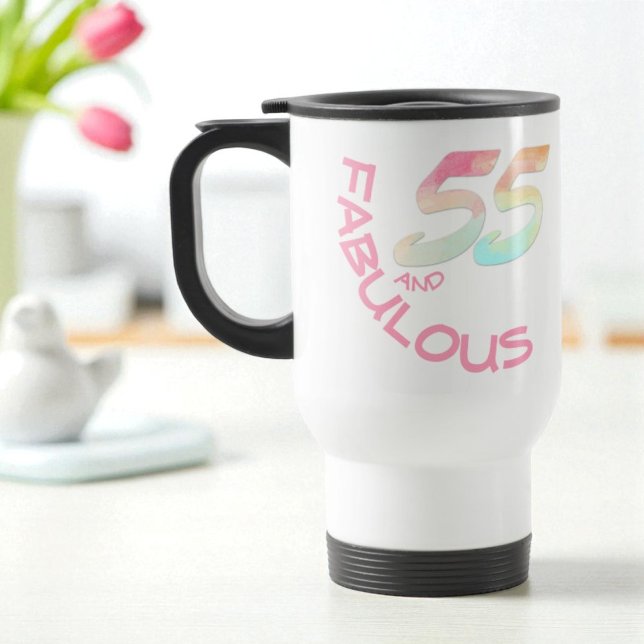 55 and Fabulous Birthday Pastel Rainbow Text Travel Mug (Same design on both sides of handle)