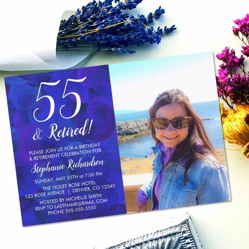 55 and Retired Blue Photo Birthday Retirement Invitation