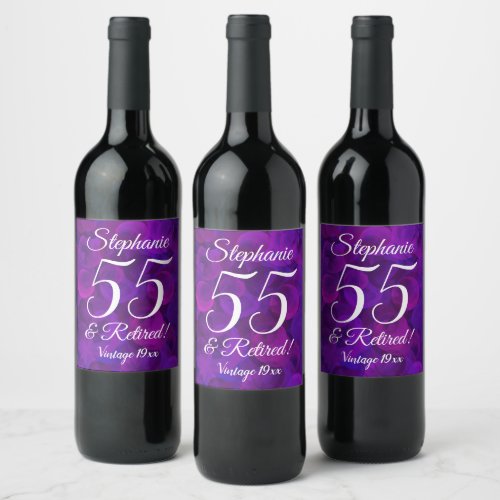 55 and Retired Elegant Purple Personalized Wine Label