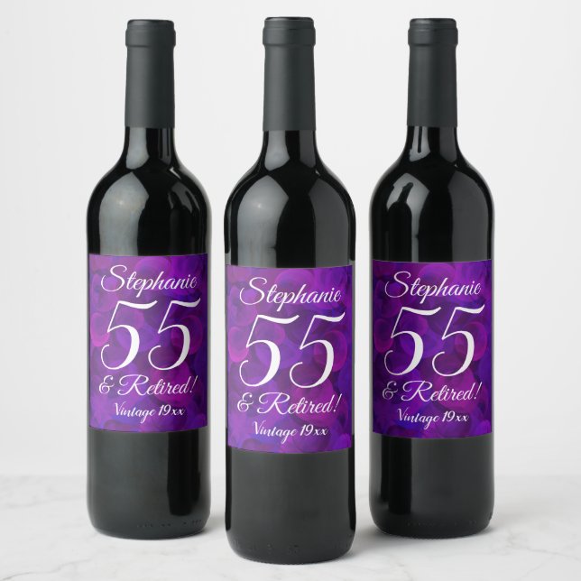 55 and Retired Elegant Purple Personalized Wine Label (Bottles)