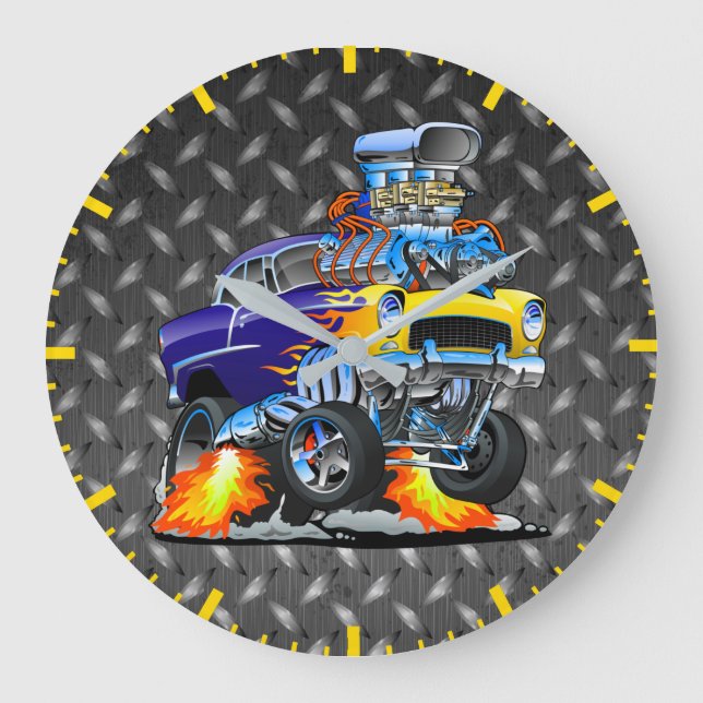 55 Funny Car Metal Diamond Checker Plate  Large Clock (Front)