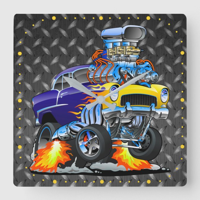 55 Funny Car Metal Diamond Checker Plate  Square Wall Clock (Front)