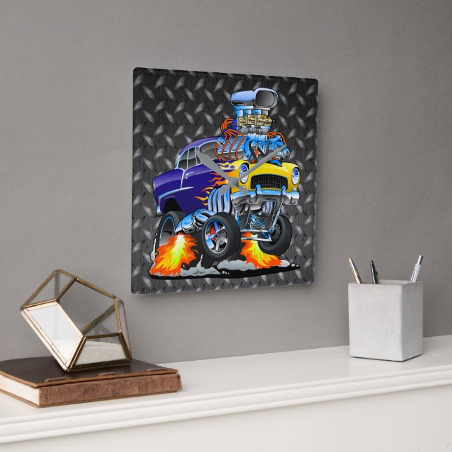 55 Funny Car Metal Diamond Checker Plate  Square Wall Clock (Office)