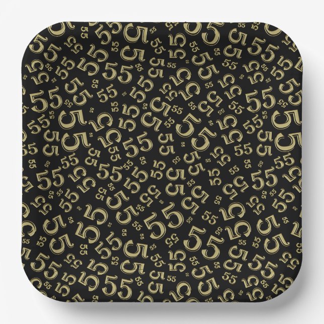  55’th Black/Gold  Random Number Pattern  Paper Plates (Front)