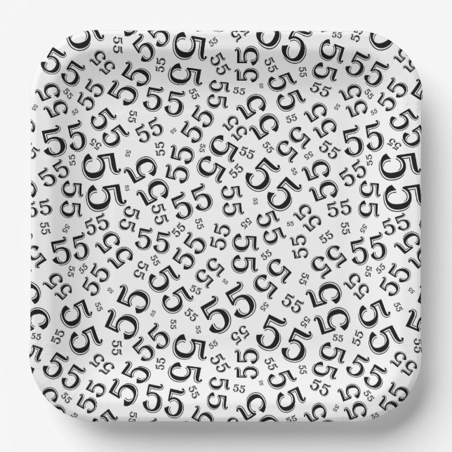  55’th Black/White  Random Number Pattern  Paper Plates (Front)
