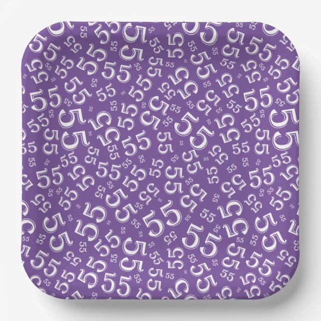  55’th Purple/White  Random Number Pattern  Paper Plates (Front)