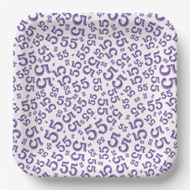  55’th Purple/White  Random Number Pattern  Paper Plates (Front)