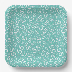 55’th Teal/White Random Number Pattern Paper Plates