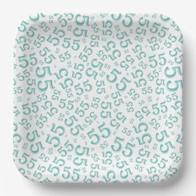  55’th Teal/White  Random Number Pattern  Paper Plates (Front)