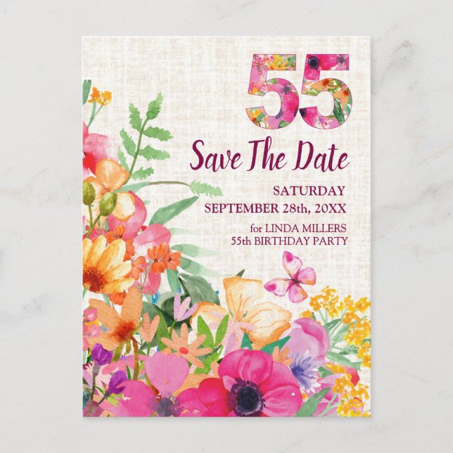 55 Years Flowers Floral Linen 55th Birthday Announcement Postcard (Front)