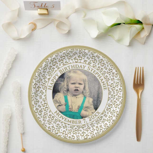 55 Your Photo Random Number Pattern Gold/White Paper Plates (Wedding)