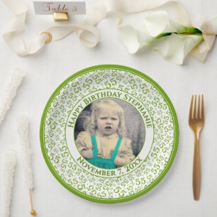 55 Your Photo Random Number Pattern Green/White Paper Plates