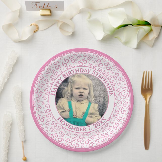 55 Your Photo Random Number Pattern Pink/White Paper Plates (Wedding)