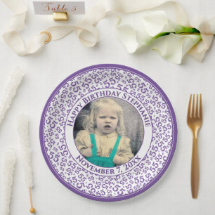 55 Your Photo Random Number Pattern Purple/White Paper Plates