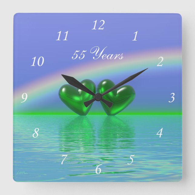 55th Anniversary Emerald Hearts Square Wall Clock (Front)